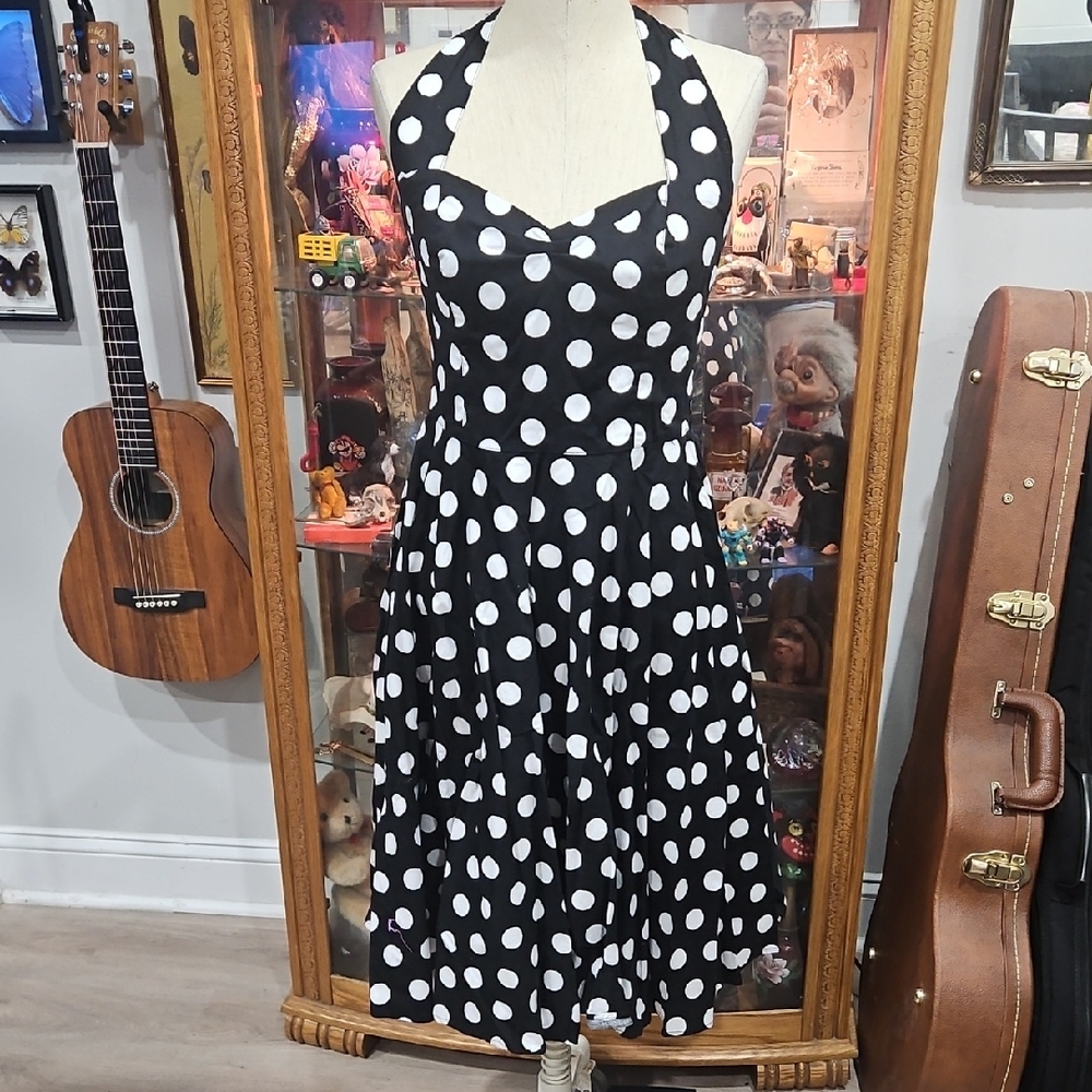 Hell Bunny Black and White Halter Sundress Swing Medium Pinup